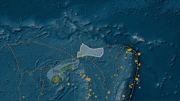 Tectonic plate boundaries adjacent to the Futuna tectonic plate on the physical elevation map in the Patterson Cylindrical (oblique) projection