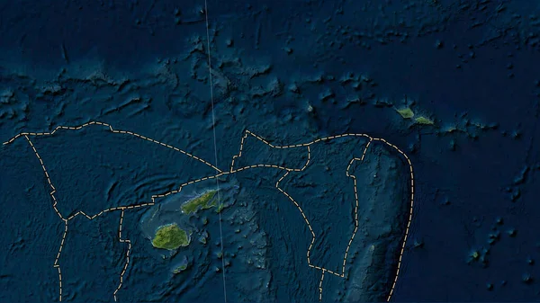 Futuna tectonic plate and the boundaries of adjacent plates on the Blue Marble satellite map in the Patterson Cylindrical (oblique) projection