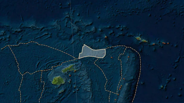 Locations of earthquakes in the vicinity of the Futuna tectonic plate greater than magnitude 6.5 recorded since the early 17th century on the Blue Marble satellite map in the Patterson Cylindrical (oblique) projection