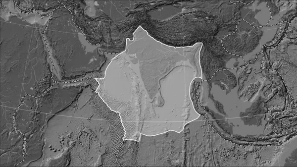 Indian tectonic plate and the boundaries of adjacent plates on the bilevel elevation map in the Patterson Cylindrical (oblique) projection