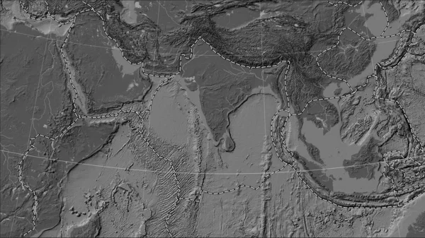 Tectonic plate boundaries adjacent to the Indian tectonic plate on the bilevel elevation map in the Patterson Cylindrical (oblique) projection