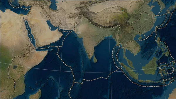 Tectonic plate boundaries adjacent to the Indian tectonic plate on the Blue Marble satellite map in the Patterson Cylindrical (oblique) projection