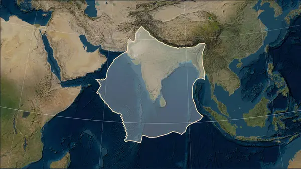 Shape of the Indian tectonic plate on the Blue Marble satellite map in the Patterson Cylindrical (oblique) projection