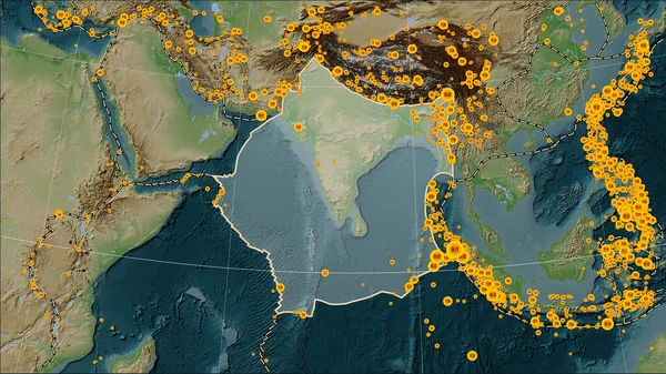 Locaties Van Aardbevingen Buurt Van Indische Tektonische Plaat Groter Dan — Stockfoto