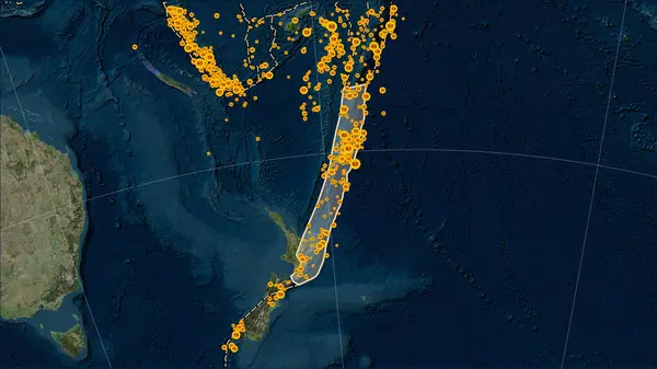 Hranice Tektonické Desky Přiléhající Tektonické Desce Kermadec Satelitní Mapě Modrého — Stock fotografie