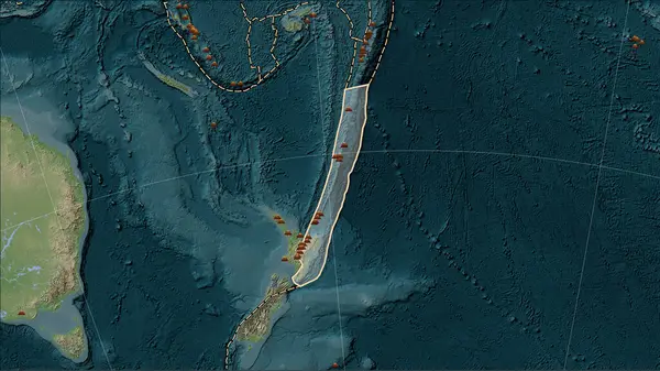 ケルマデックのテクトニックプレート付近の地震の場所は パターソン円柱 オブリケ 投影のウィキスタイルの標高マップ上で17世紀初頭から記録されている6 5マグニチュードよりも大きい — ストック写真