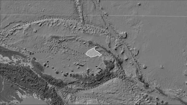 マヌス テクトニックプレート付近の地震の場所は パターソン シリンドリカル オブリケ 投影における胆汁標高地図上に17世紀初頭から記録されている6 5マグニチュードより大きい — ストック写真
