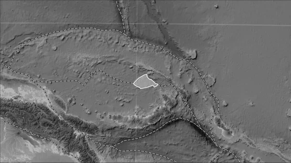 Distribution of known volcanoes around the Manus tectonic plate on the grayscale elevation map in the Patterson Cylindrical (oblique) projection