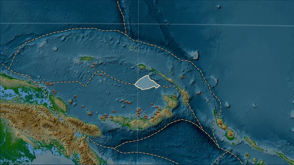 Locations of earthquakes in the vicinity of the Manus tectonic plate greater than magnitude 6.5 recorded since the early 17th century on the physical elevation map in the Patterson Cylindrical (oblique) projection