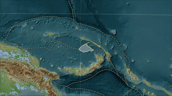 Distribution of known volcanoes around the Manus tectonic plate on the Wiki style elevation map in the Patterson Cylindrical (oblique) projection