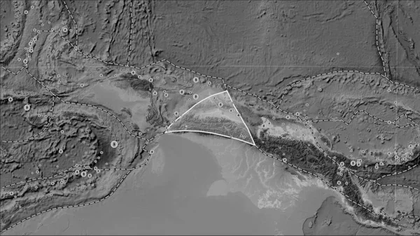 モークテクトニックプレート付近の地震の場所は パターソン円筒形 オブリク 投影のグレースケールの標高地図に17世紀初頭から記録されている6 5より大きい — ストック写真