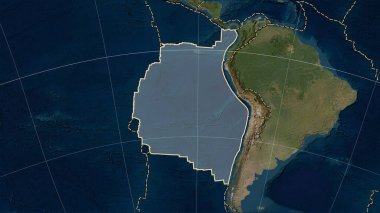 Bilinen volkanların Nazca tektonik plakası etrafındaki dağılımı Patterson silindirik (eğimli) projeksiyonunda Mavi Mermer uydu haritasında