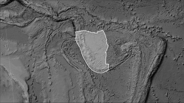 Patterson Silindirik (eğik) projeksiyonunda gri ölçekli yükseklik haritasında Yeni Hebridler tektonik plakasının şekli