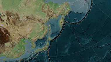 Okhotsk tektonik plakası ve bitişik plakaların Patterson silindirik (eğimli) projeksiyonundaki Wiki biçimli yükseklik haritasındaki sınırları
