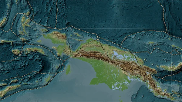 Tectonic plate boundaries adjacent to the Maoke tectonic plate on the Wiki style elevation map in the Patterson Cylindrical (oblique) projection