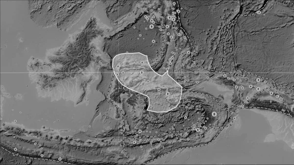 Tectonic plate boundaries adjacent to the Molucca Sea tectonic plate on the grayscale elevation map in the Patterson Cylindrical (oblique) projection
