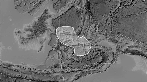 Fördelning Kända Vulkaner Runt Molucksjön Tektoniska Plattan Gråskala Höjd Karta — Stockfoto