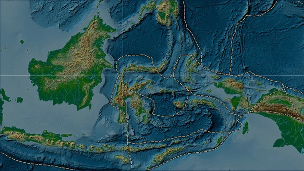Molucca Sea tectonic plate and the boundaries of adjacent plates on the physical elevation map in the Patterson Cylindrical (oblique) projection