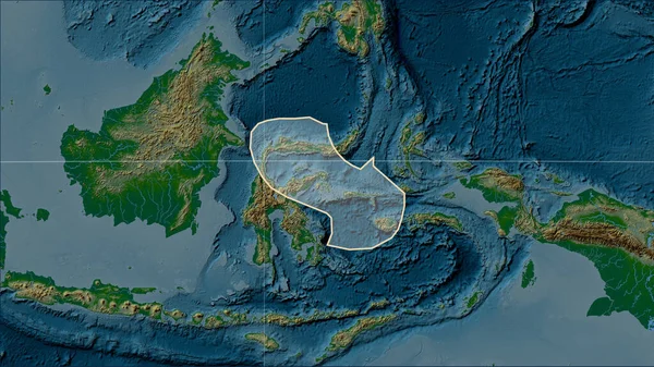 Shape of the Molucca Sea tectonic plate on the physical elevation map in the Patterson Cylindrical (oblique) projection