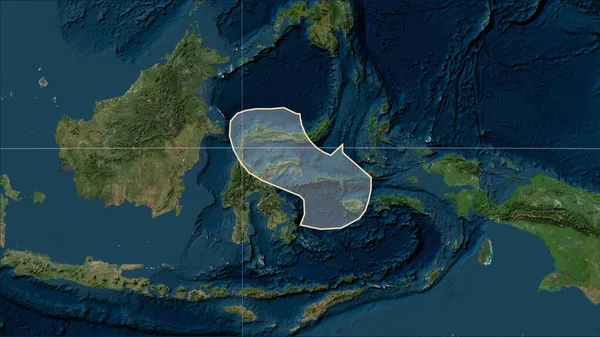 Shape of the Molucca Sea tectonic plate on the Blue Marble satellite map in the Patterson Cylindrical (oblique) projection