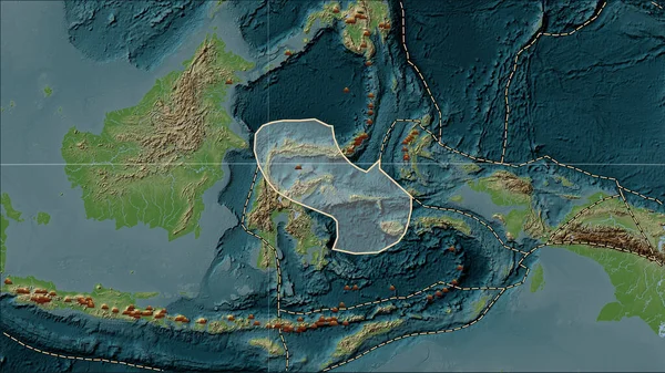 Locations of earthquakes in the vicinity of the Molucca Sea tectonic plate greater than magnitude 6.5 recorded since the early 17th century on the Wiki style elevation map in the Patterson Cylindrical (oblique) projection
