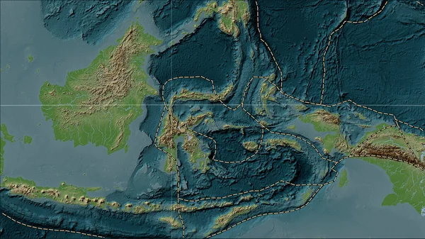Molucca Sea tectonic plate and the boundaries of adjacent plates on the Wiki style elevation map in the Patterson Cylindrical (oblique) projection