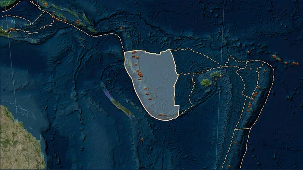 Locations of earthquakes in the vicinity of the New Hebrides tectonic plate greater than magnitude 6.5 recorded since the early 17th century on the Blue Marble satellite map in the Patterson Cylindrical (oblique) projection