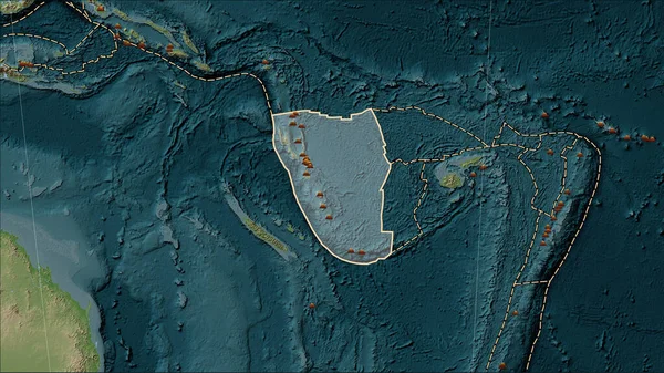 Locations of earthquakes in the vicinity of the New Hebrides tectonic plate greater than magnitude 6.5 recorded since the early 17th century on the Wiki style elevation map in the Patterson Cylindrical (oblique) projection