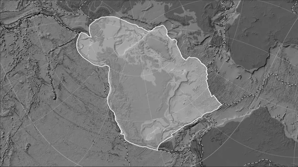 パターソン シリンダリカル オブリケ 投影における胆汁標高地図上の北アメリカのテクトニックプレート周辺の既知の火山の分布 — ストック写真