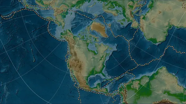 North American tectonic plate and the boundaries of adjacent plates on the physical elevation map in the Patterson Cylindrical (oblique) projection
