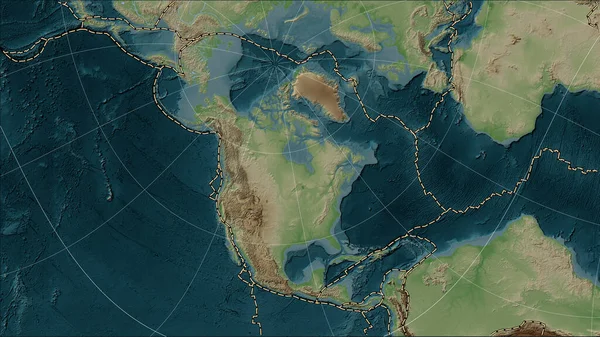North American tectonic plate and the boundaries of adjacent plates on the Wiki style elevation map in the Patterson Cylindrical (oblique) projection