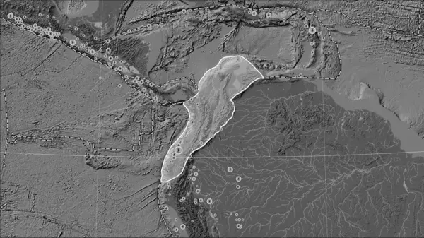 Patterson圆柱 投影的双圆弧高程图上毗邻北安第斯山脉构造板块的构造板块边界 — 图库照片