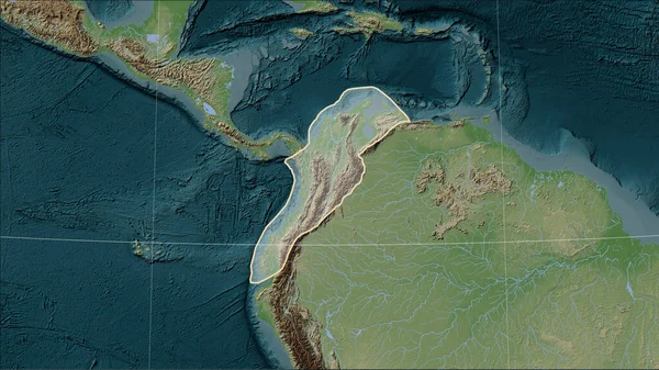 Shape of the North Andes tectonic plate on the Wiki style elevation map in the Patterson Cylindrical (oblique) projection