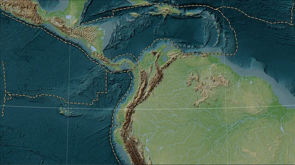 North Andes tectonic plate and the boundaries of adjacent plates on the Wiki style elevation map in the Patterson Cylindrical (oblique) projection