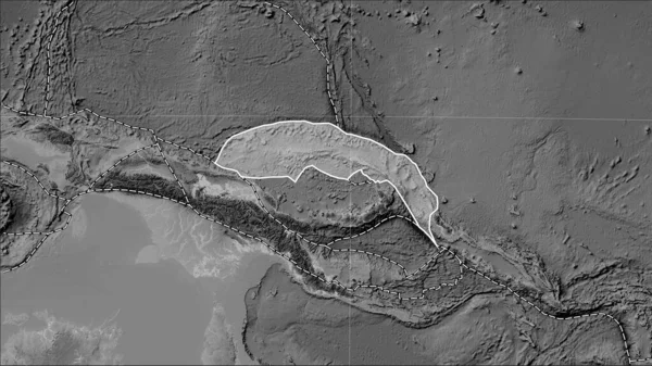 North Bismarck tectonic plate and the boundaries of adjacent plates on the grayscale elevation map in the Patterson Cylindrical (oblique) projection