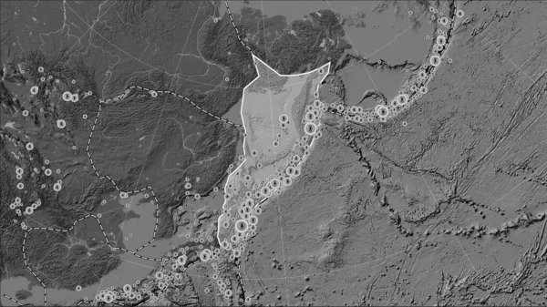 Tectonic plate boundaries adjacent to the Okhotsk tectonic plate on the bilevel elevation map in the Patterson Cylindrical (oblique) projection