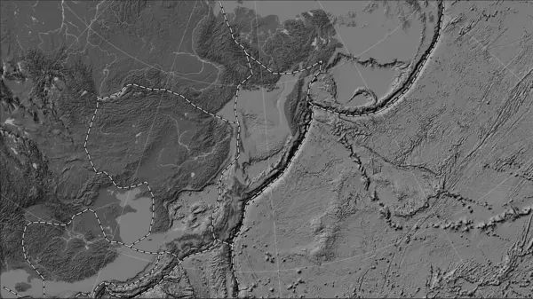 Okhotská Tektonická Deska Hranice Přilehlých Desek Mapě Nadmořské Výšky Pattersonově — Stock fotografie