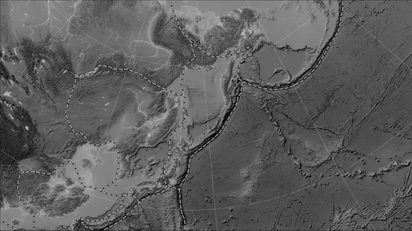 Okhotsk Tektonik Plakası Patterson Silindirik Eğimli Projeksiyonundaki Gri Ölçekli Yükseklik — Stok fotoğraf