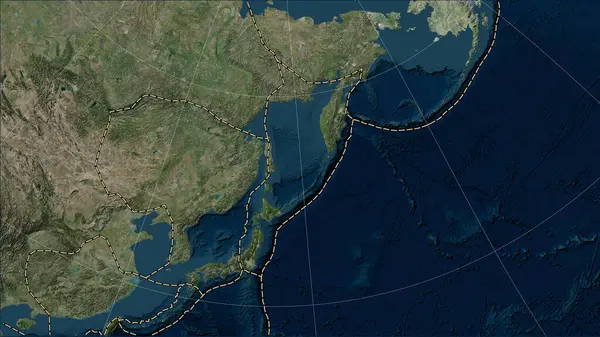 Okhotsk Tektonik Plakası Patterson Silindirik Eğimli Projeksiyonunda Mavi Mermer Uydu — Stok fotoğraf