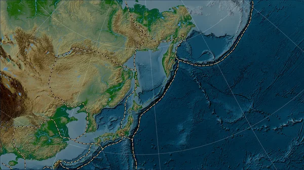 Okhotsk tectonic plate and the boundaries of adjacent plates on the physical elevation map in the Patterson Cylindrical (oblique) projection
