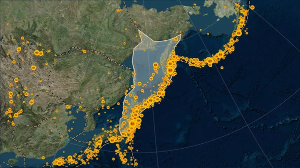 Granice Płyt Tektonicznych Przylegające Płyty Tektonicznej Okhotsk Mapie Satelitarnej Blue — Zdjęcie stockowe