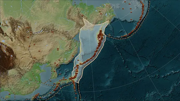 Lokalizacje Trzęsień Ziemi Pobliżu Płyty Tektonicznej Okhotsk Wielkości Większej Niż — Zdjęcie stockowe
