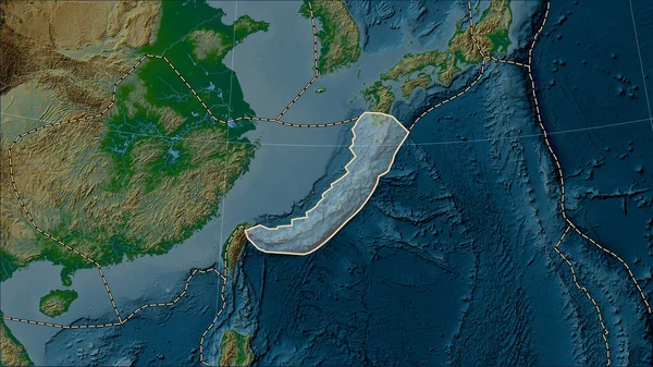 Distribution of known volcanoes around the Okinawa tectonic plate on the physical elevation map in the Patterson Cylindrical (oblique) projection