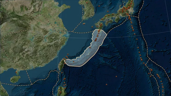 Locations of earthquakes in the vicinity of the Okinawa tectonic plate greater than magnitude 6.5 recorded since the early 17th century on the Blue Marble satellite map in the Patterson Cylindrical (oblique) projection