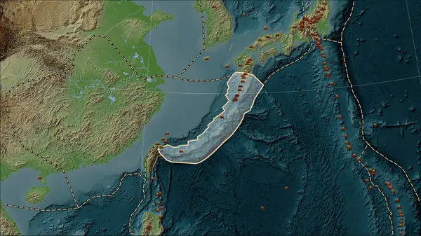 Okinawa Tektonik Plakasının Çevresindeki Deprem Yerleri Patterson Silindirik Eğimli Projeksiyonundaki — Stok fotoğraf