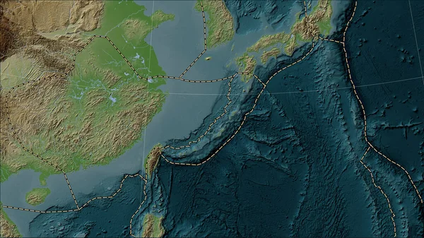 Okinawa tectonic plate and the boundaries of adjacent plates on the Wiki style elevation map in the Patterson Cylindrical (oblique) projection