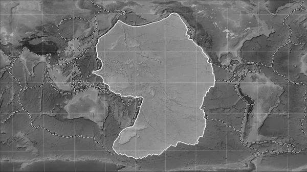 Distribution of known volcanoes around the Pacific tectonic plate on the grayscale elevation map in the Patterson Cylindrical (oblique) projection