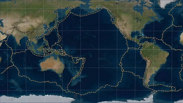 Pacific tectonic plate and the boundaries of adjacent plates on the Blue Marble satellite map in the Patterson Cylindrical (oblique) projection