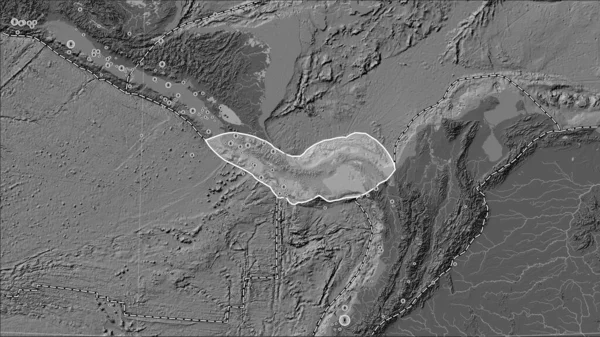 パターソンシリンドリカル オブリケ プロジェクションの胆汁標高マップ上のパナマテクトニックプレートに隣接するテクトニックプレート境界 — ストック写真