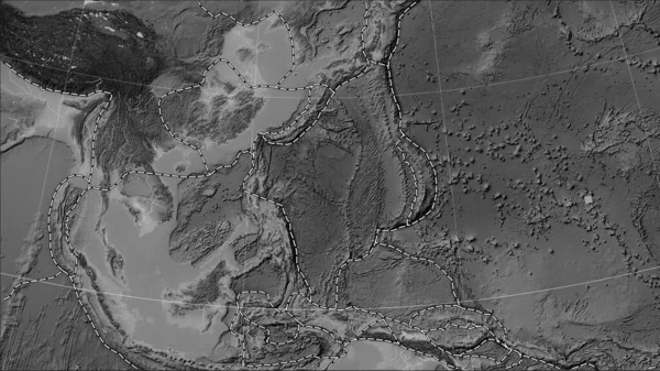 Philippine Sea tectonic plate and the boundaries of adjacent plates on the grayscale elevation map in the Patterson Cylindrical (oblique) projection